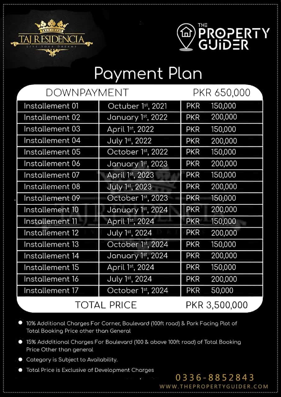 TAJ RESIDENCIA PAYMENT PLAN